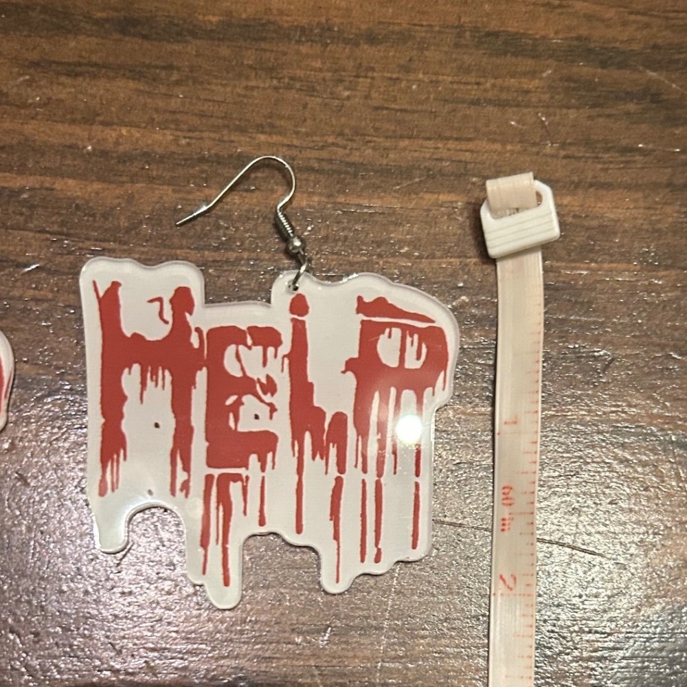 Halloween Dangle Drop Earrings Help Red Blood Drip Costume Spooky Horror Novelty - Picture 3 of 4